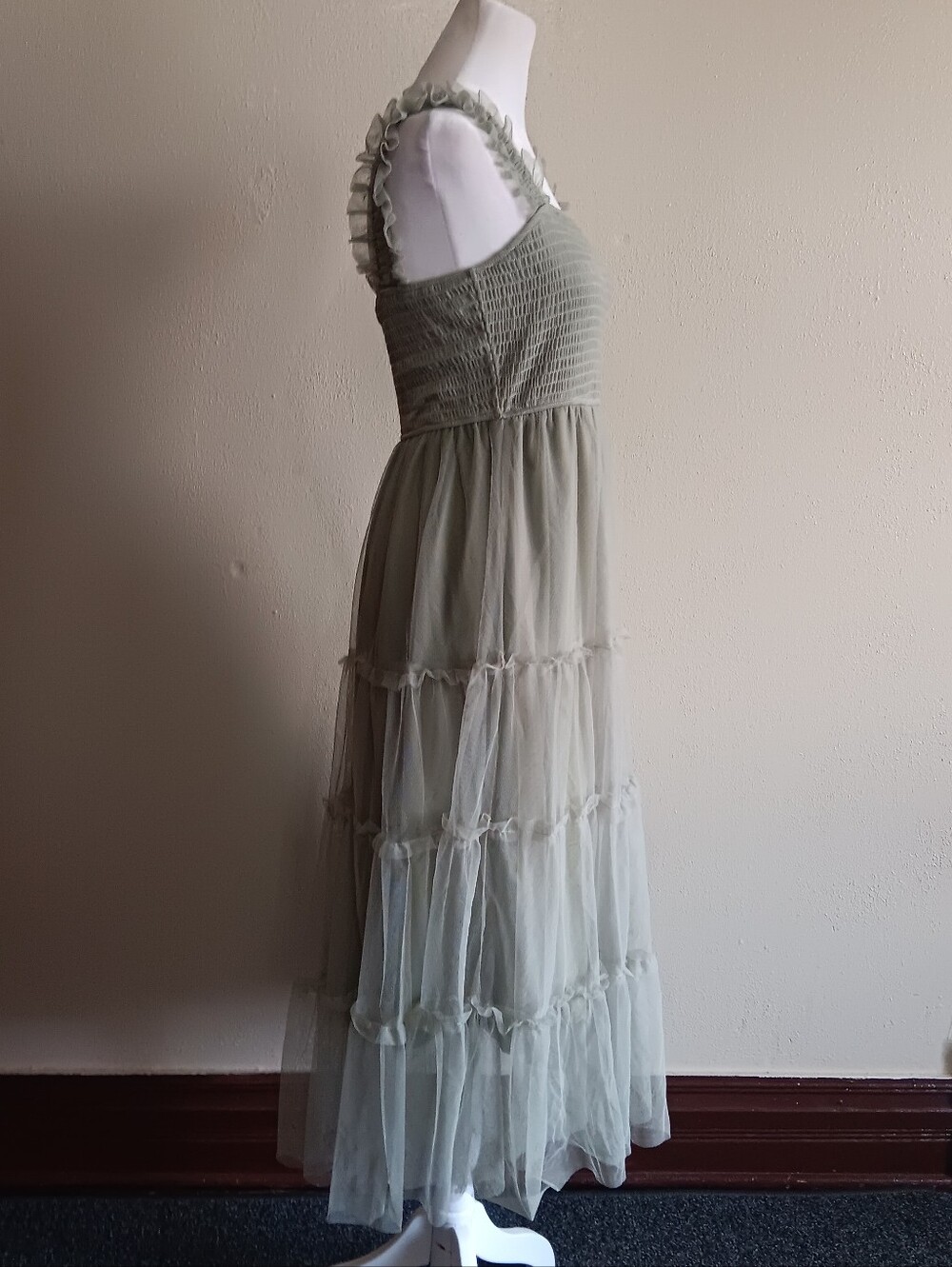 Fairycore Tiered Tulle Slip On Maxi Dress in Sage Green Pretty Garden Size Small - Picture 4 of 12